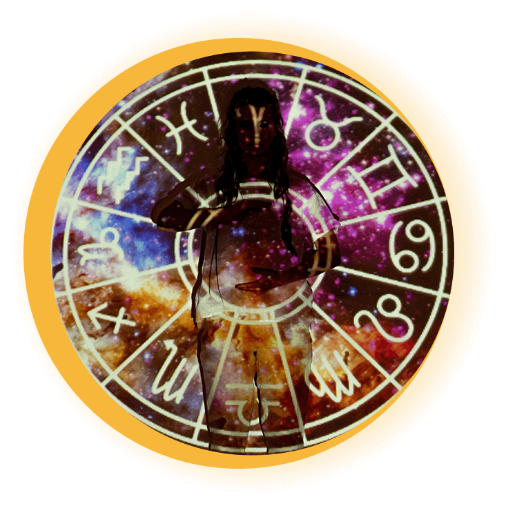 A round picture of the zodiac with a yellow border.